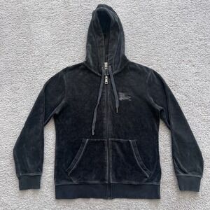 Burberry Brit Velour Velvet Full Zip Hoodie Womens Medium Gray Embroidered Logo